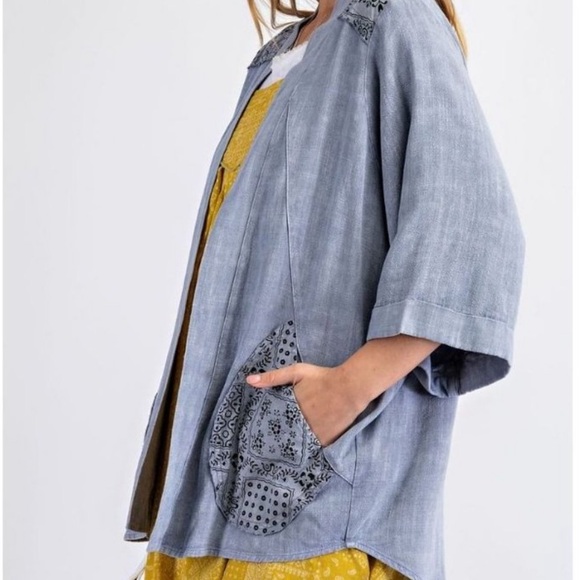 501. Easel washed LINEN Duster Cardigan Blue Pocketed Open short sleeve top - Picture 4 of 5